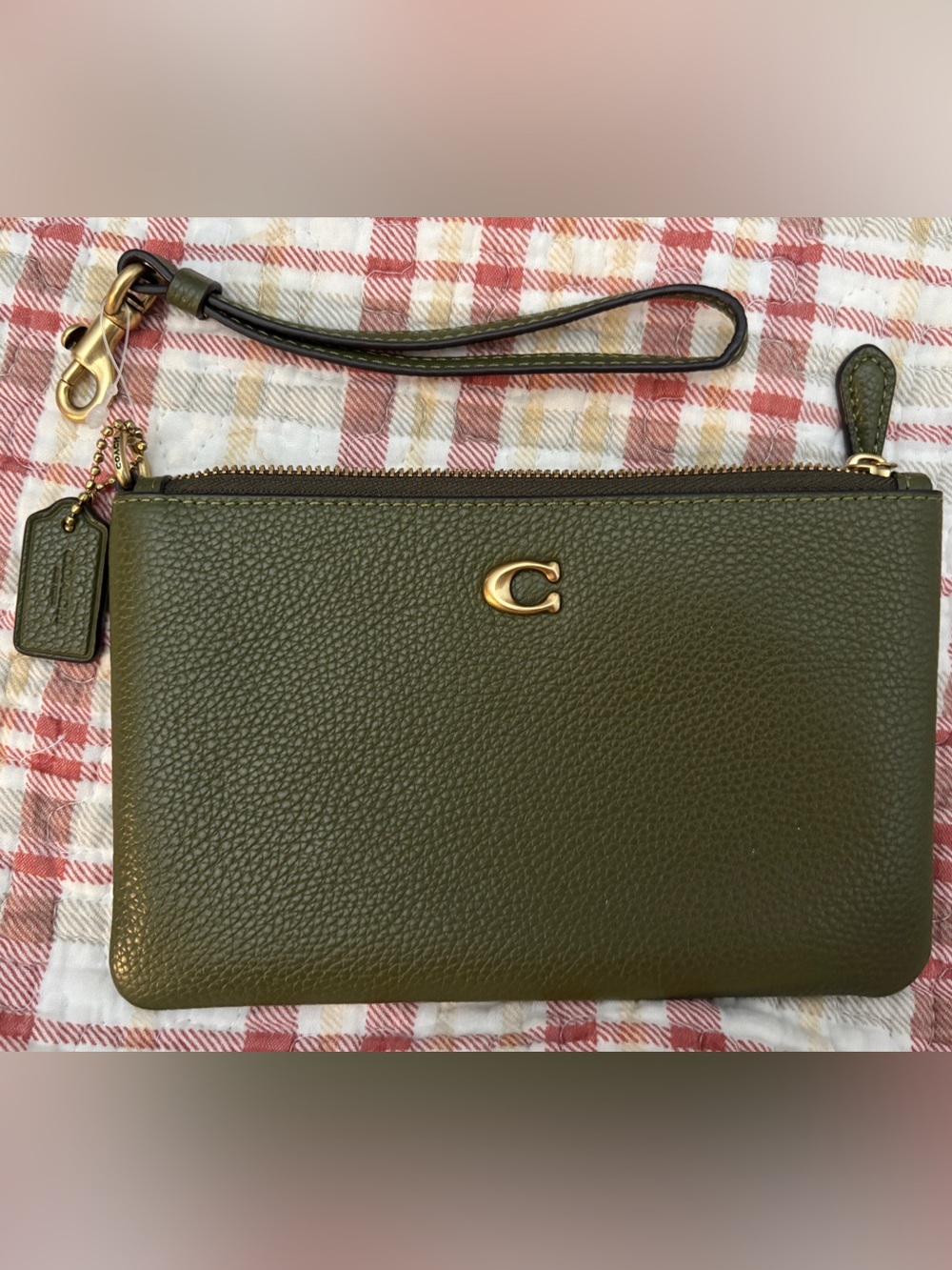 Coach Olive Green Polished Pebbled Leather Wristlet